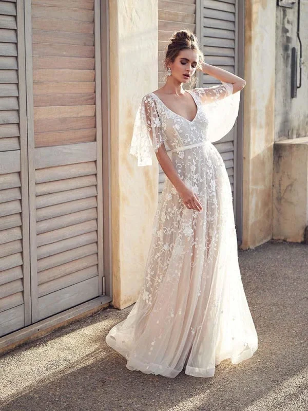 Cheap V Neck Half Sleeve Lace Boho Wedding Dresses