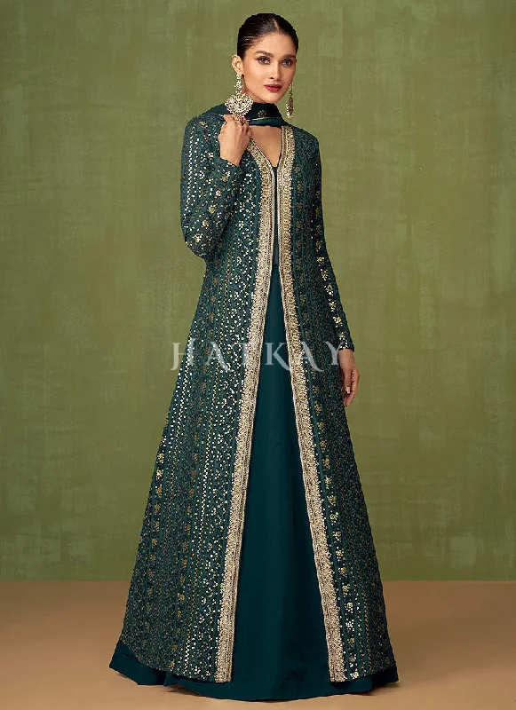 Dark Green Sequence Embroidered Slit Style Anarkali Lehenga Suit