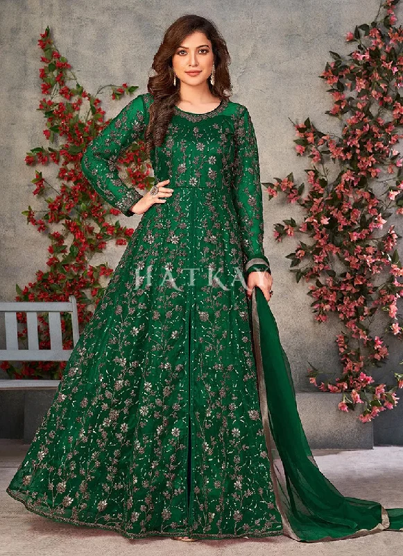 Dark Green Zari Embroidered Slit Style Anarkali Pant Suit