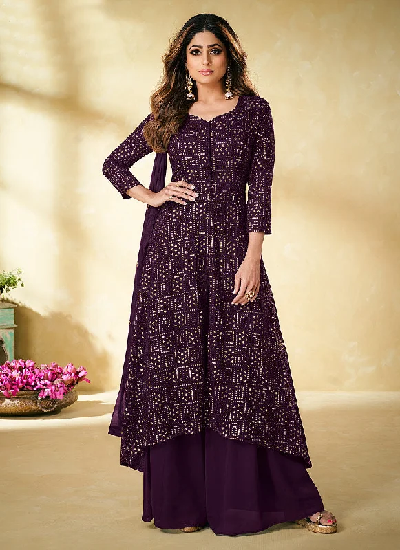 Deep Purple Zari And Badla Embroidered Indian Palazzo Suit