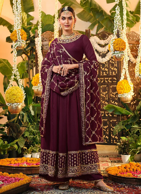 Deep Wine Crystal Embroidered Georgette Anarkali Suit