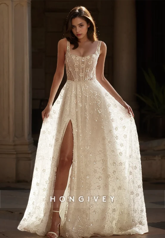 HONGIVEY Floral Straps Wedding Dress Side Slit A-Line Square Floor-Length Bride Gown