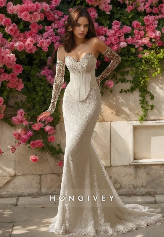 HONGIVEY Strapless Mermaid Wedding Dress Long Sleeves Sweetheart Lace Applique Bridal Dresses