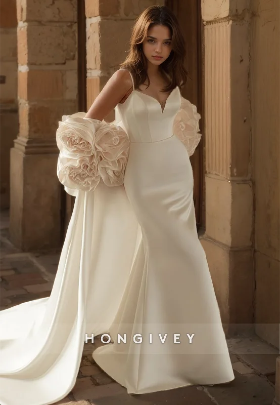 HONGIVEY Chic Floral Mermaid Wedding Dress with Cape Straps Satin Bride Gown with Train