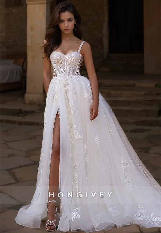 HONGIVEY Applique Tullle Wedding Dress A-Line Side Slit Straps Sweetheart Bride Gown