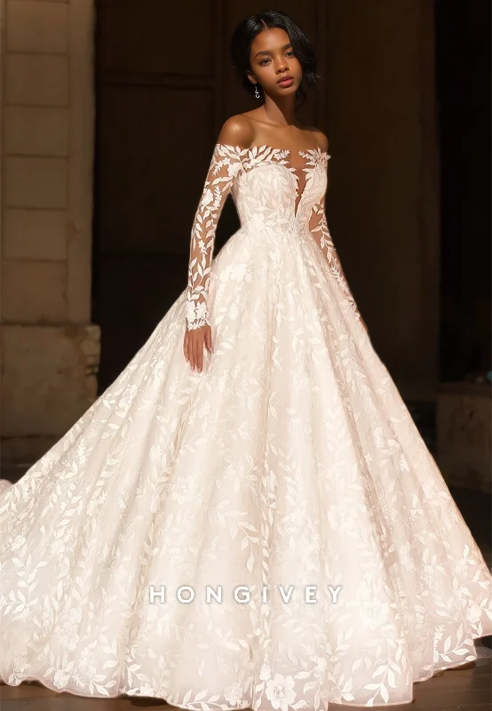 HONGIVEY Chic Full Applique Tulle Wedding Dress with Train Long Sleeves A-Line Bride Gown