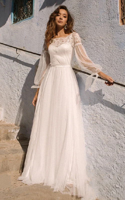 Elegant A Line Lace Bateau Sweep Train Wedding Dress with Ruching-716078