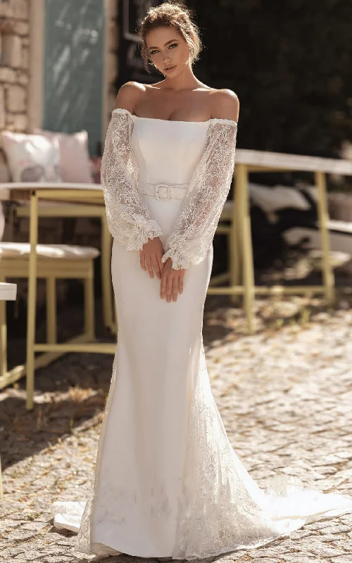 Elegant Off-the-shoulder Long Sleeve Sweep Train Floor-Length Mermaid Wedding Dress With Sash-716170