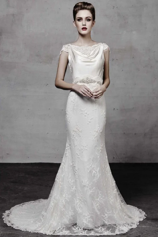 Floor-Length Cowl Appliqued Cap-Sleeve Lace Wedding Dress With Beading-MK_700916