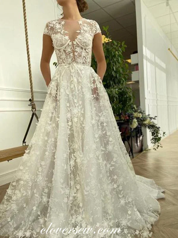 Gorgeous Lace Short Sleeve Illusion Top A-line Wedding Dresses CW0268