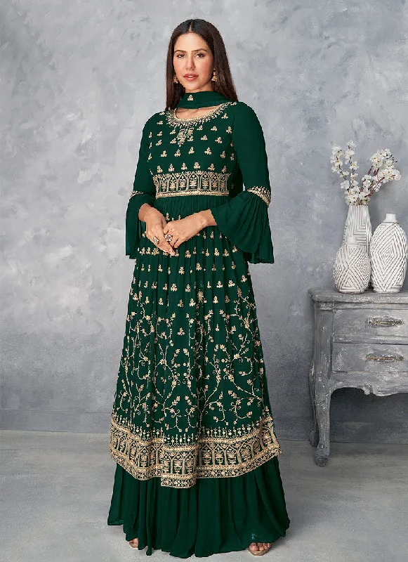 Green Golden Embroidered Designer Palazzo Suit