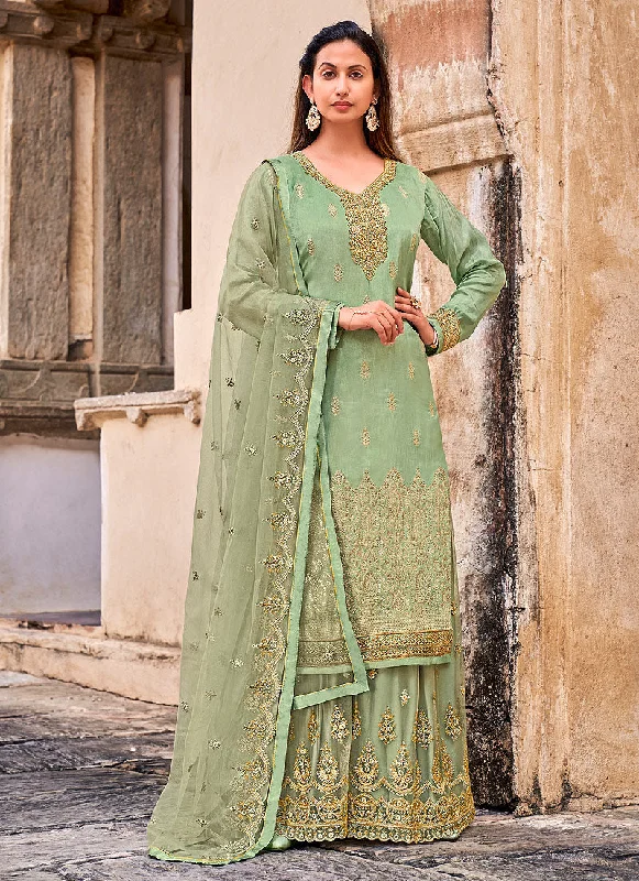 Green Golden Zari Embroidered Wedding Palazzo Suit