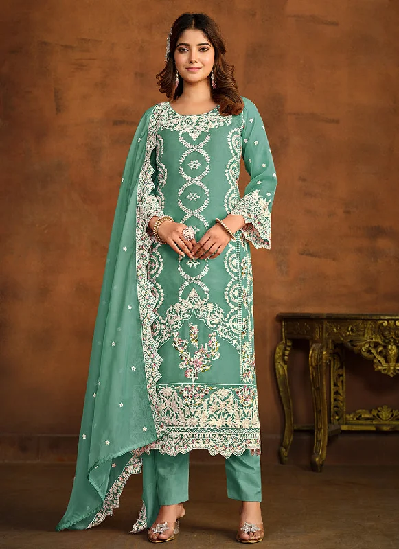 Green Sequence Embroidery Traditional Pant Style Suit