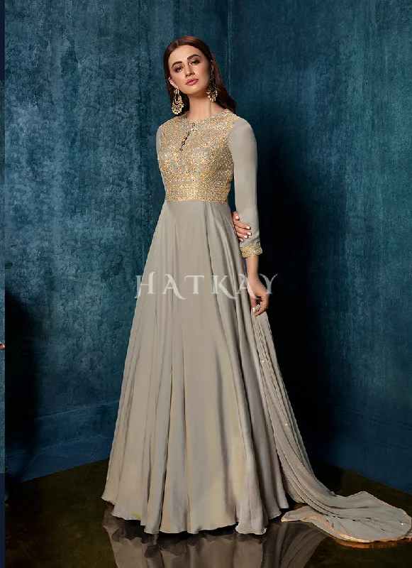 Grey Zari Sequence Embroidered Designer Gown