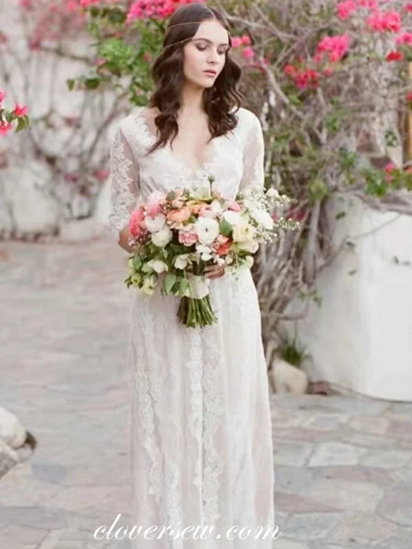 Half Sleeves Lace Charming V-neck Column Boho Wedding Dresses, CW0277