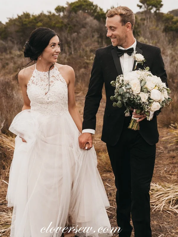 Halter Lace Backless Ivory Tulle A-line Country Wedding Dresses, CW0227