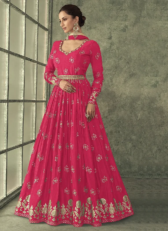 Hot Pink Sequence Embroidery Wedding Anarkali Pant Suit