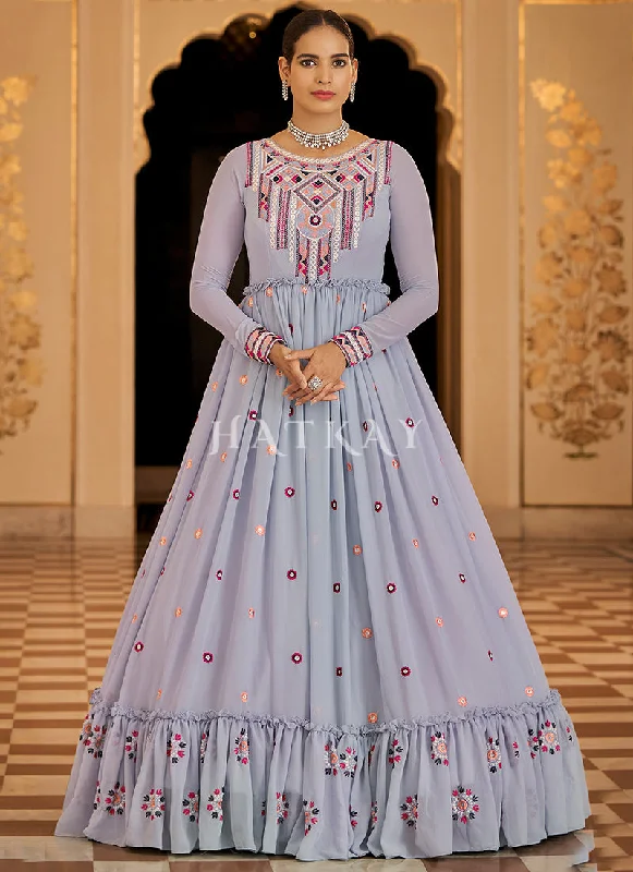 Ice Blue Floral Embroidered Wedding Gown