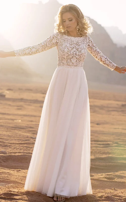 Illusion Back Chiffon Beach Wedding Dress with A-Line and Bateau Neckline-716665