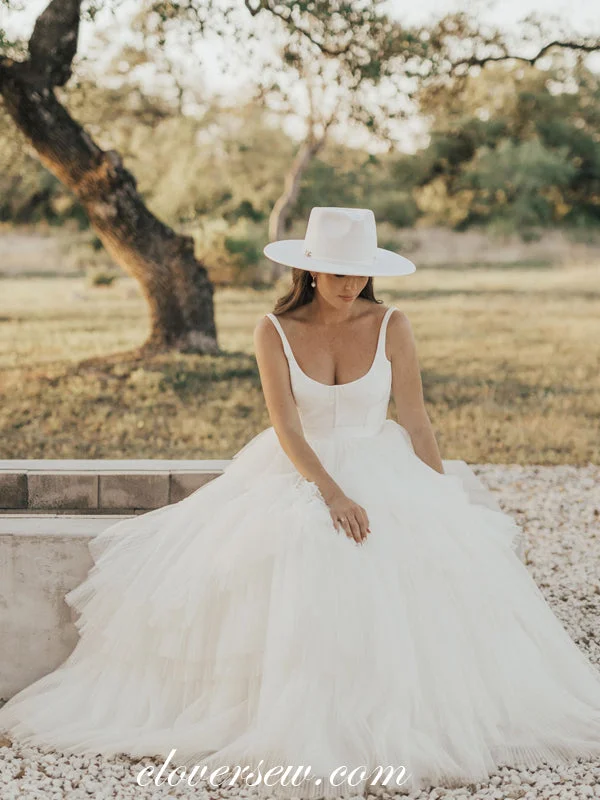 Ivory Pleating Tulle Soft Satin Scoop Neck Puffy Wedding Dresses, CW0283