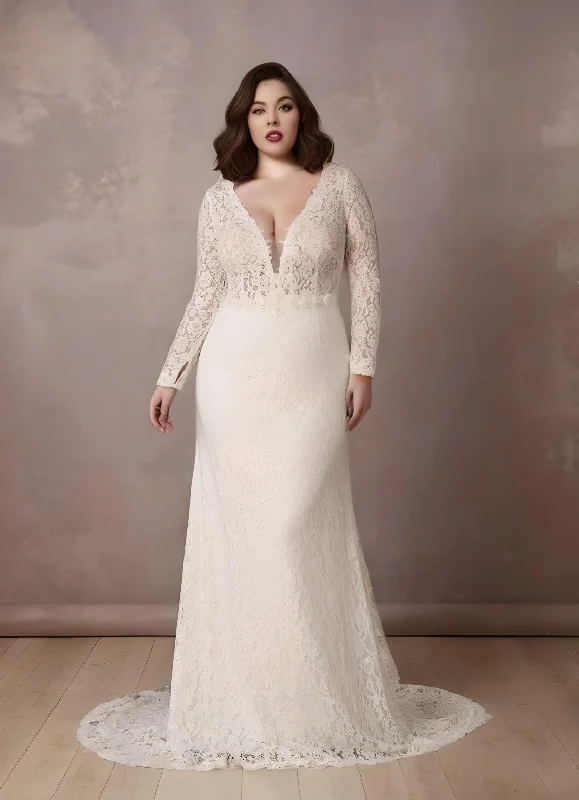 Lace Long Sleeve Plus Size Mermaid Wedding Dress 2023 Sexy Bohemian Elegant Plunging Neckline Floor-length Sweep Train-MW_760013