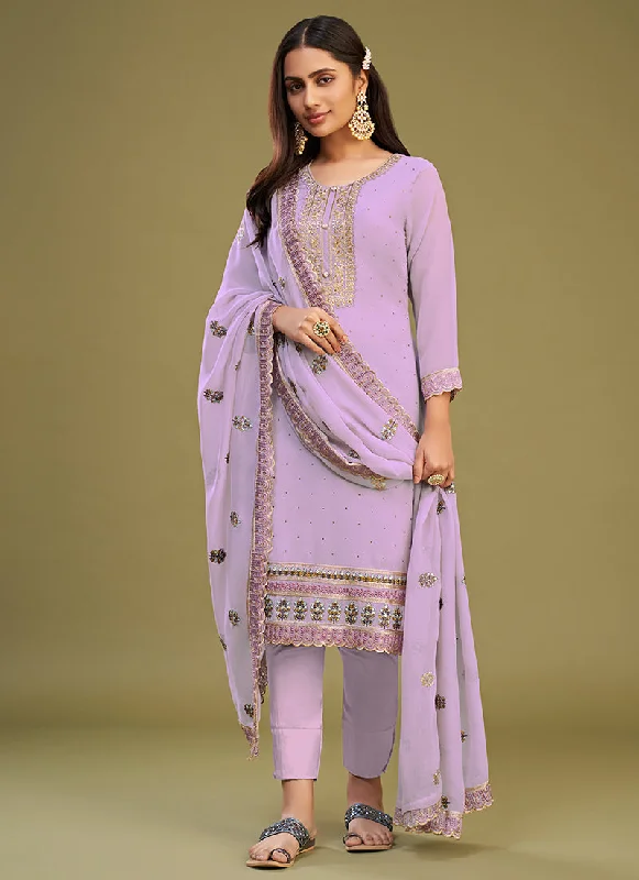 Lavender Thread Embroidery Pakistani Style Pant Suit