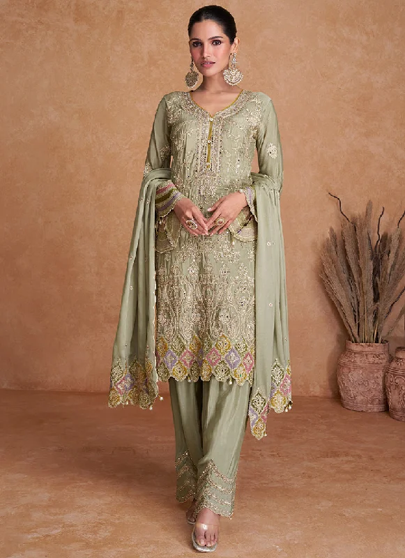 Light Green Multi Embroidery Traditional Pant Style Suit