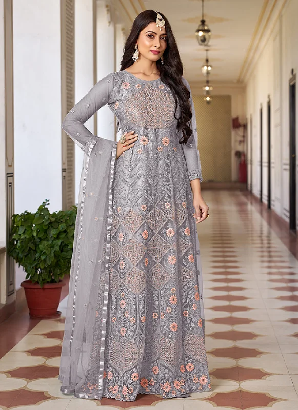 Light Grey Traditional Net Anarkali Suit