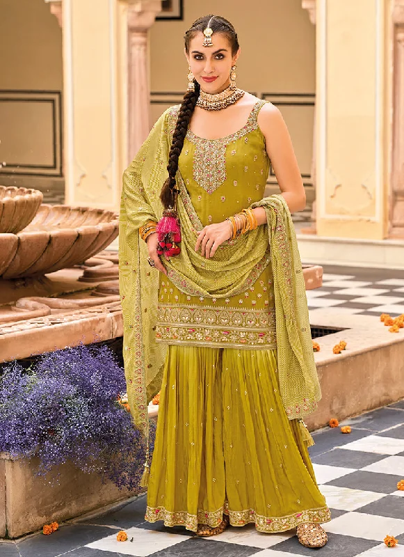 Lime Yellow Multi Embroidery Gharara Suit