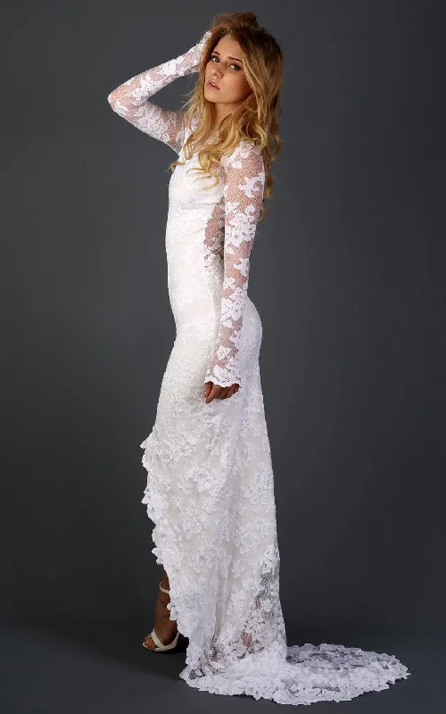 Long Sleeve Chapel Train Lace Dress With Appliques Flower-712308