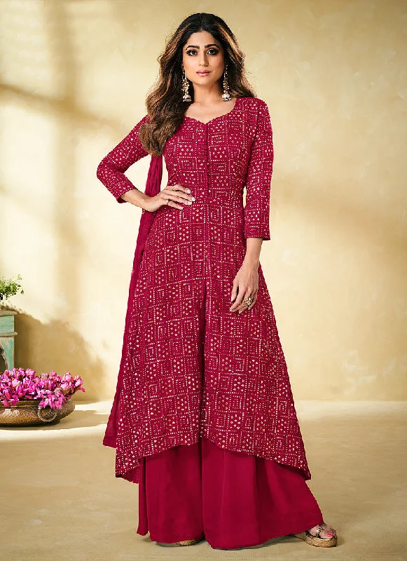 Magenta Zari And Badla Embroidered Indian Palazzo Suit