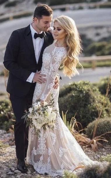 Mermaid Lace Long Sleeve 2024 Wedding Dress Modest Elegant Ethereal Romantic Bateau Neck Floor-length Sweep Train-716810