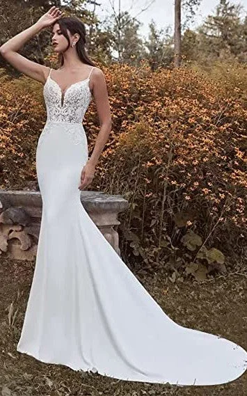 Mermaid Spaghetti Satin Wedding Dress Casual Sexy Elegant Country Summer With Open Back And Sleevesless And Appliques-716764