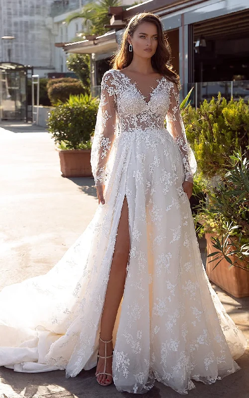 Princess Long Sleeve V-neck A Line Ball Gown Lace Chapel Train Wedding Dress with Split Front-716053