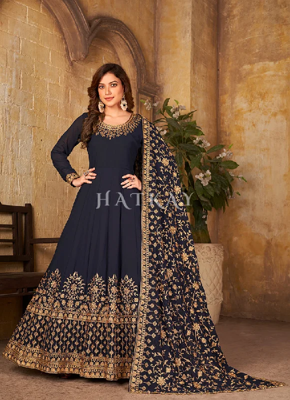 Navy Blue Embroidered Georgette Anarkali Suit