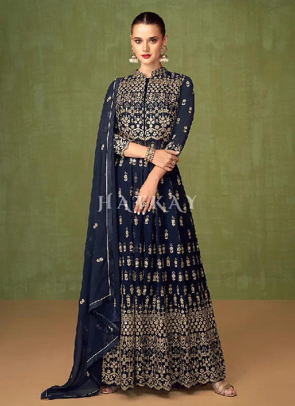 Navy Blue Georgette Embroidered Anarkali Suit