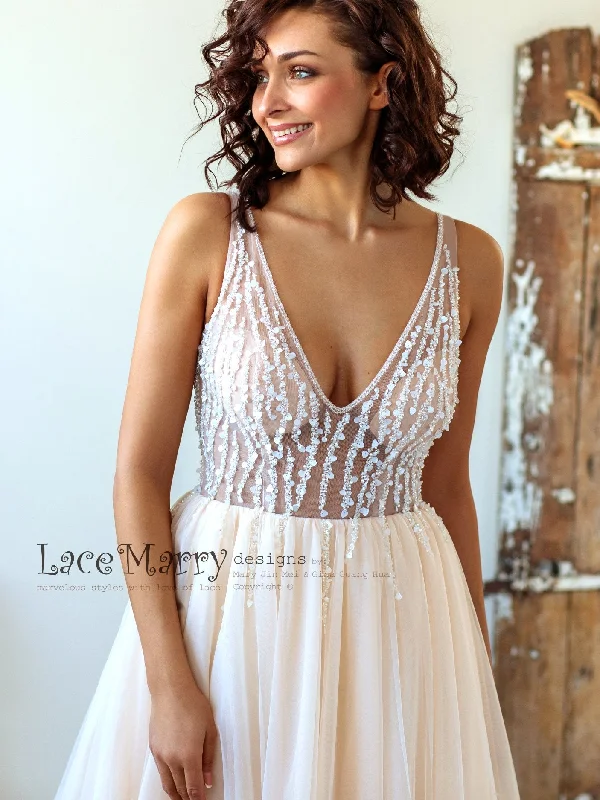 Nude Summer Wedding Dress with Beading