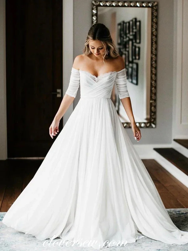 Off The Shoulder Chiffon A-line Beach Wedding Dresses, CW0189