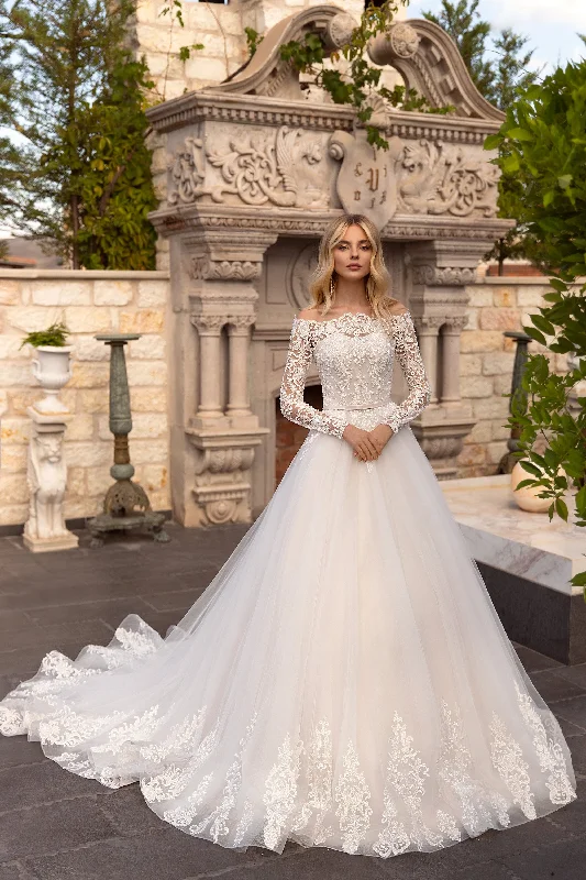 Off-the-shoulder Sash Illusion Long Sleeve And Button Back Ballgown Lace Tulle Wedding Dress-715889