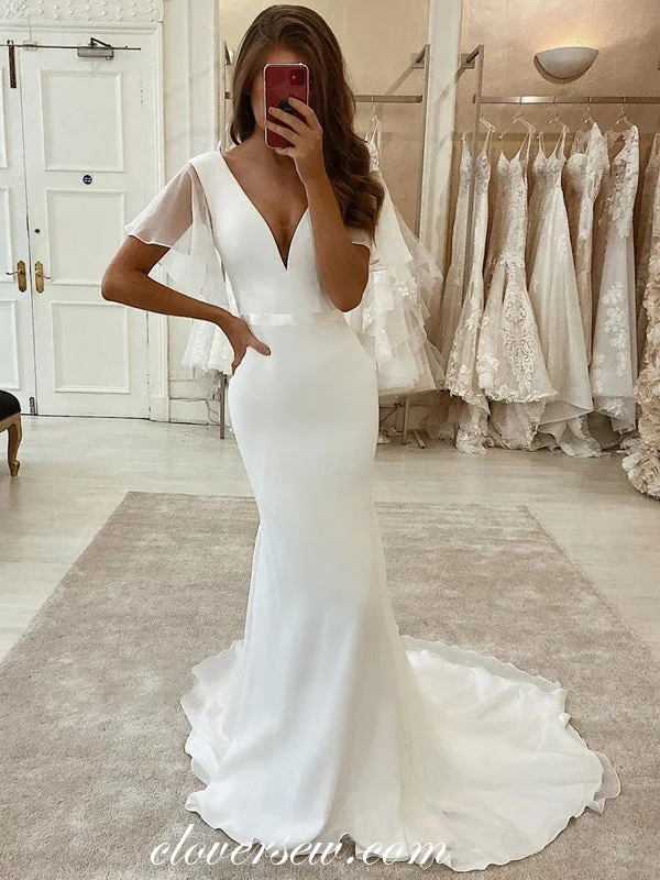 Off White Chiffon Satin Short Sleeves Mermaid Wedding Dresses,CW0181