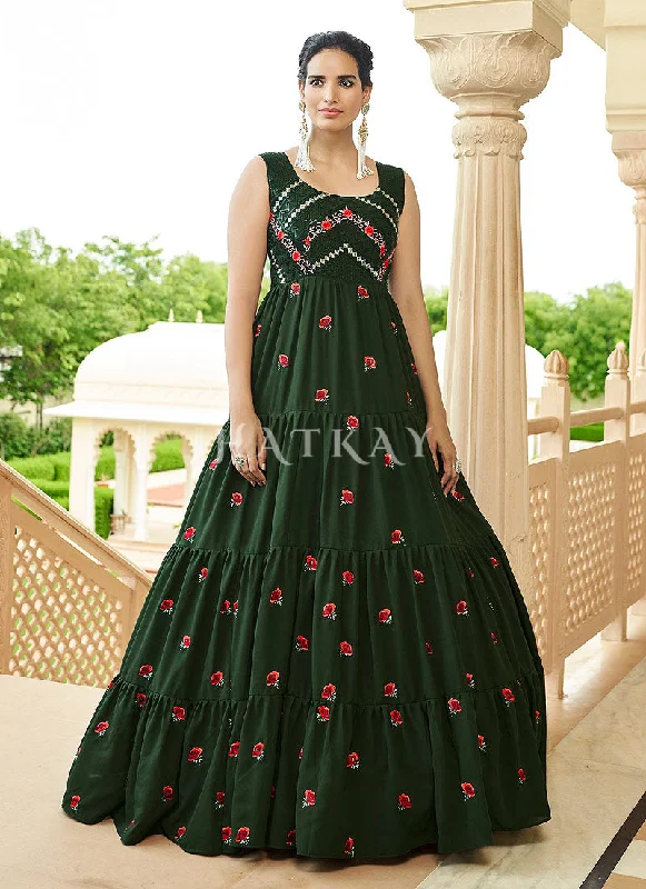 Olive Green Multi Embroidered Flared Anarkali Gown