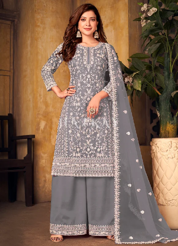 Pale Grey Embroidered Pakistani Palazzo Suit