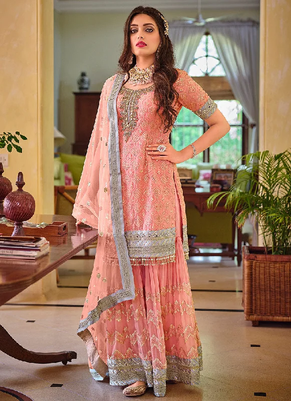 Peach And Grey Multi Embroidered Wedding Sharara Suit