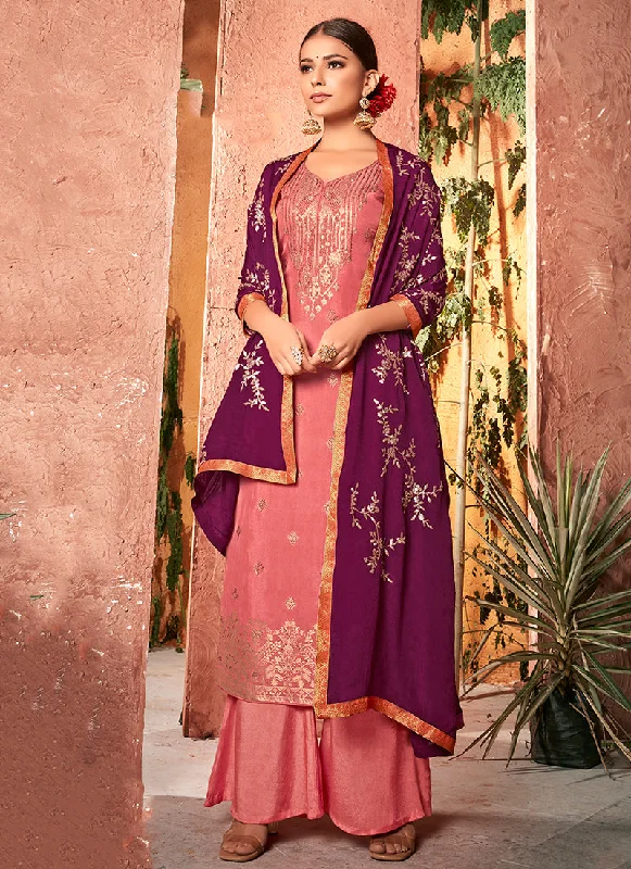 Peach And Purple Traditional Sequence Embroidery Palazzo Suit