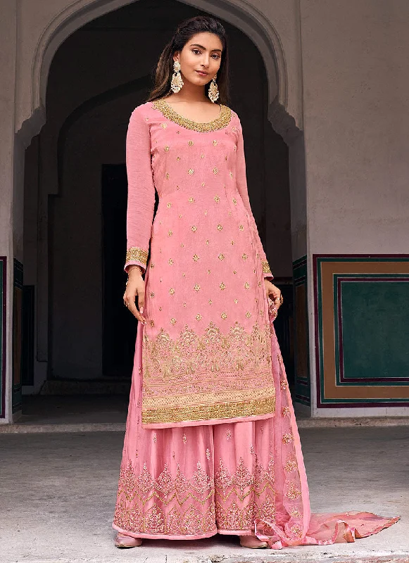 Peach Golden Zari Embroidered Wedding Palazzo Suit