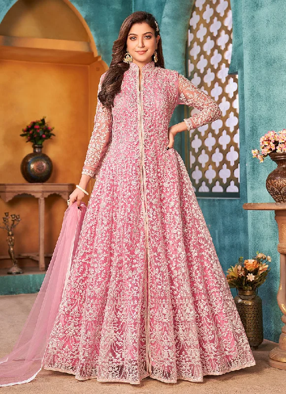 Pink Traditional Embroidered Anarkali Pant Suit