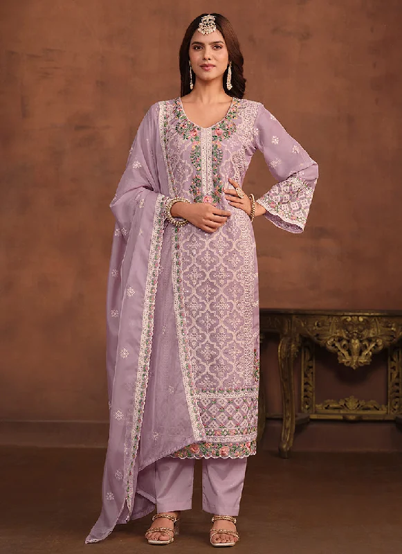 Purple Embroidery Straight Suit