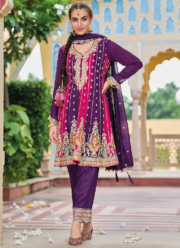 Purple Multicolored Embroidery Festive Pant Suit