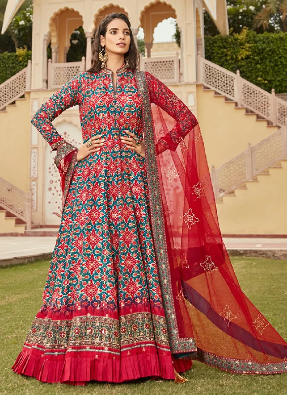 Red Multicoloured Ikat Prints And Embroidered Silk Anarkali Gown