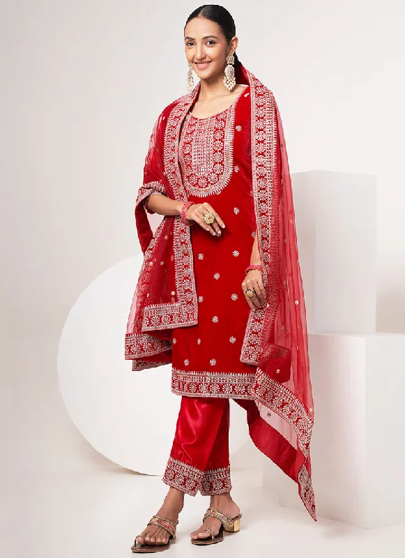 Red Traditional Embroidery Pant Style Suit